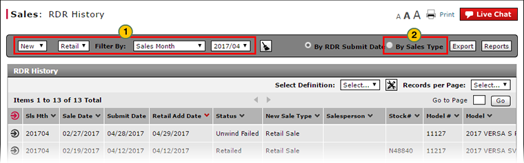 Filter RDR History by sales type.
